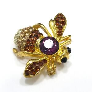 Vintage Bee Brooch Purple Rhinestone Gold Tone Joan Rivers Style